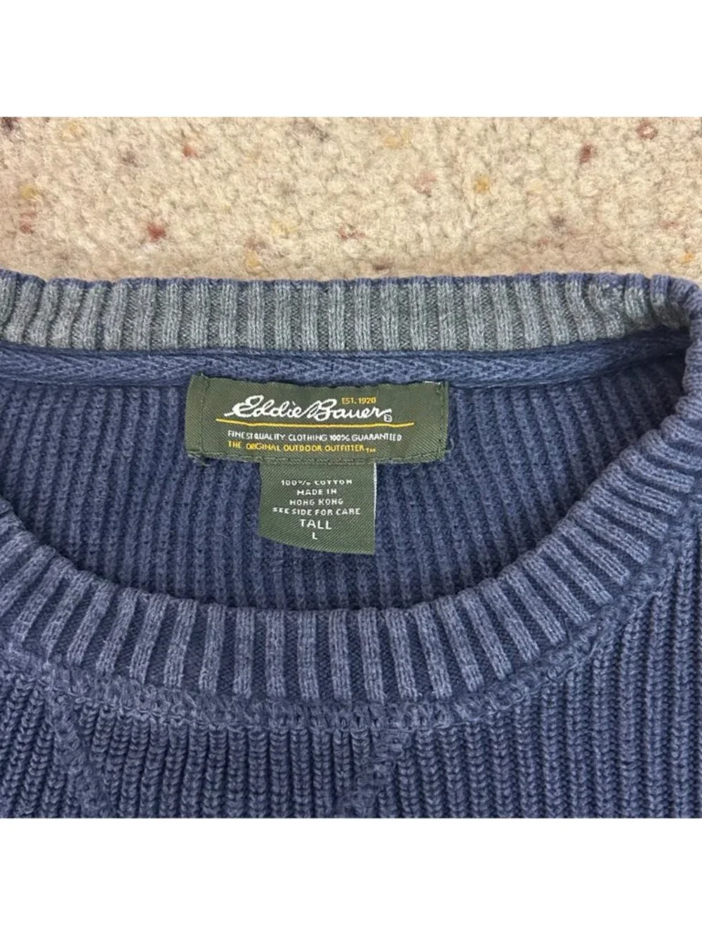 Vtg 90s Eddie Bauer Navy Ribbed Chunky Sweater Crewneck Cotton Large Tall Men's - Picture 4 of 4